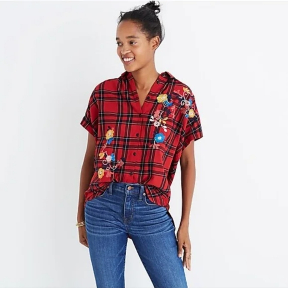 Madewell Embroidered Floral Central Shirt in  Plaid Size Large